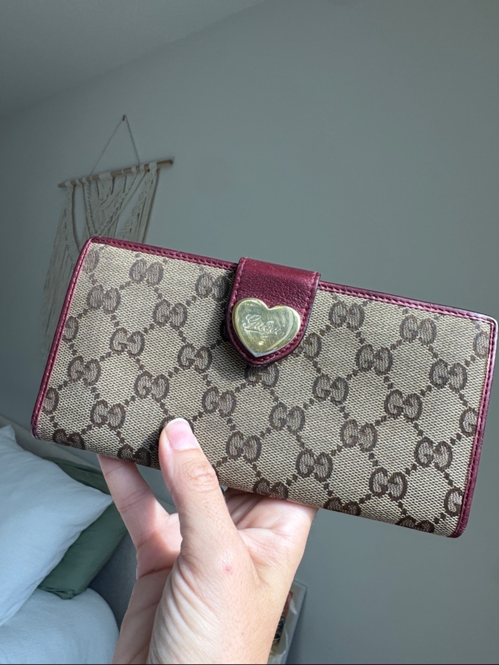 Authentic Gucci GG Canvas Lovely Heart Wallet Pink Leather Long Wallet + COA